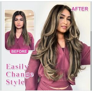 ALXNAN Long Layered Hair Extension Clip In Balayage‎ Brown Blonde Full Head Set
